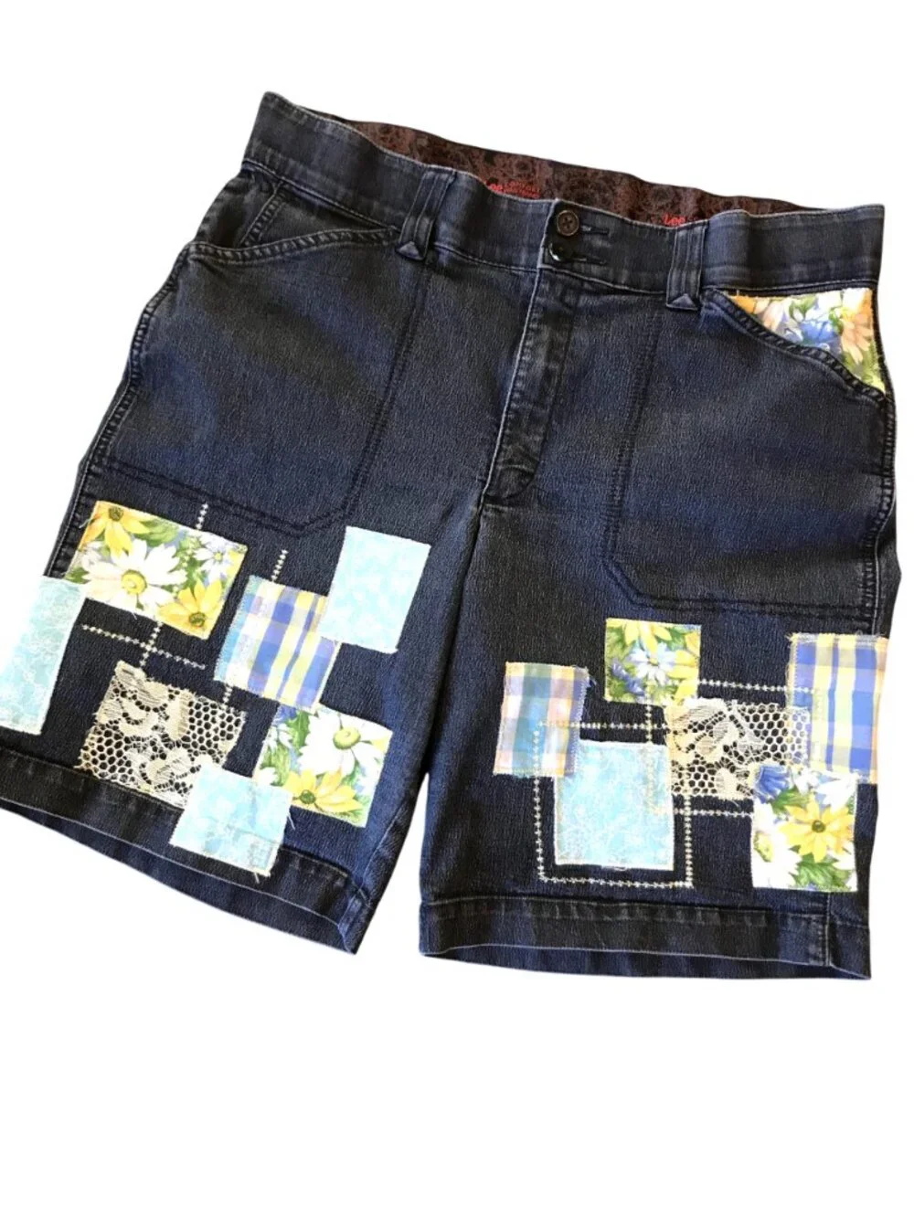 Boho Patchwork Jean Shorts Upcycled Denim Decorative Stitching Women's Size 14